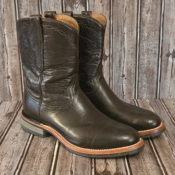 Sz 10.5 D Mens Lucchese Raymond Chocolate Brown Ranch Hand Roper Boots M0032